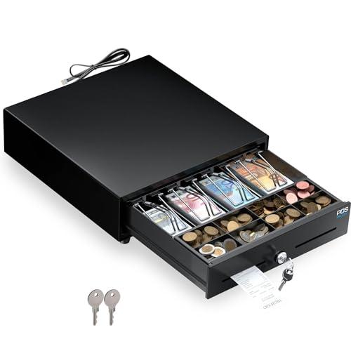 POS VALLEY Cassetto per Registratore di Cassa, Apertura Automatica RJ/Chiave, Cassetta Portavalori con 4 Banconote 8 Monete (Euro), 33x33cm, Nero