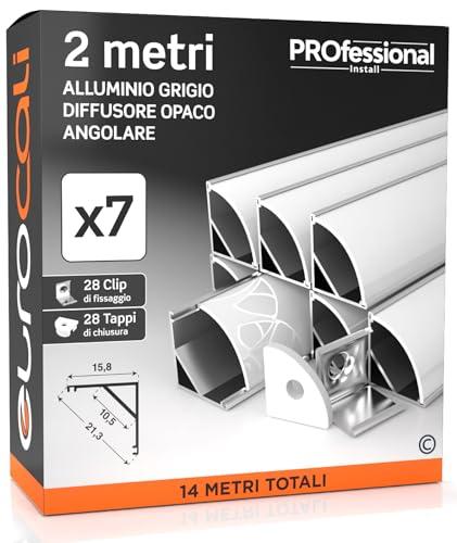 7x Profili Angolari da 2 metri (14mt) in Alluminio per Strisce LED Schermatura Opaca Angolo 45° ingombro max striscia led 10.5mm - 15.8 x 15.8