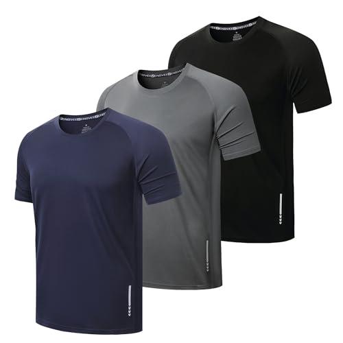 ZENGVEE 3 Pezzi Maglietta Uomo Manica Corta Asciugatura Rapida Sportiva Traspirante Palestra Running Trekking Fitness(0426-Black Grey Navy-M)