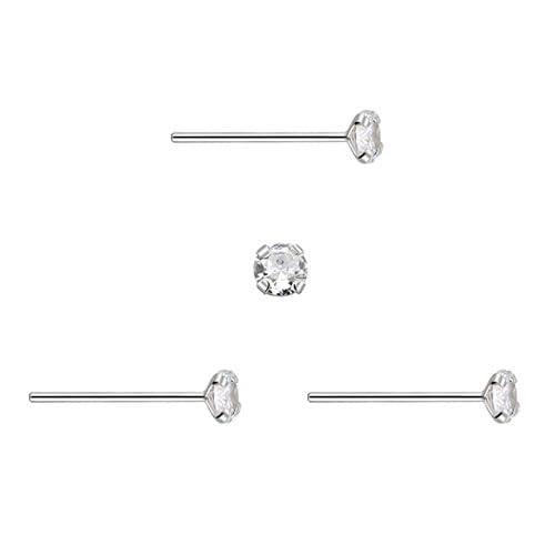 3 orecchini naso bastone dritto in argento con zirconia cubica rotonda brillante 2 mm, bastone sottile 0,6 mm, Argento sterling