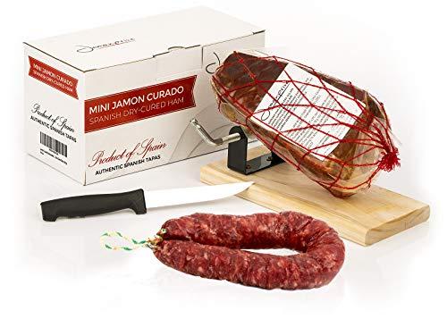 Prosciutto Crudo Serrano Spagnolo Stagionato e Disossato + Porta Prosciutto + Coltello 1 Kg (Jamón Serrano) + Salsiccia Salchichón 200 gr