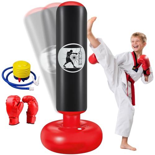 Ninonly Sacco da Boxe per Bambini, 160cm Sacco da Boxe da Terra con Pompa e Guantoni, Pungiball Bambini Gonfiabile Per Praticare Karate Taekwondo MMA, Regalo per Ragazzi e Ragazze 3-12 Anni