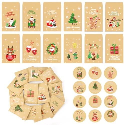 48 Pezzi Sacchetti Carta Piccoli Natale, 12,5 x 7,5 cm Mini Sacchetti in Carta Kraft, Sacchetti Regalo Natale con Adesivi, Decorazioni Natalizie per Biscotti Caramelle Cioccolatini Regalini