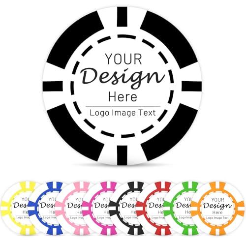 Shueewago Confezione da 100 fiches da poker personalizzate in plastica ABS per 9 colori con stampa del testo o immagine personalizzata, mettere il design su un chip per gettoni da bar, bevande o