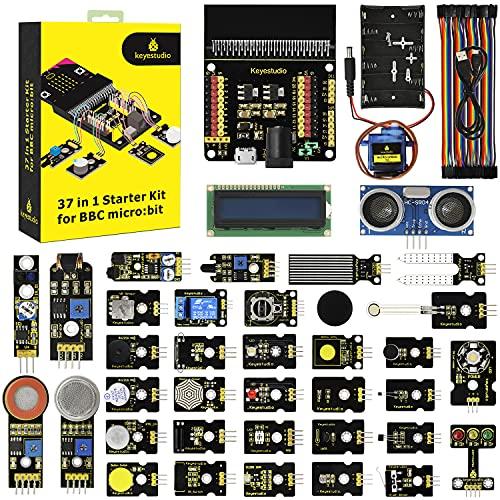 KEYESTUDIO BBC Micro:bit 37 In 1 Sensor Kit per micro bit V2 V1 (non include Micro:bit Board), con scheda di breakout relè, cavo jumper, modulo display LCD, blocchi e codice Python