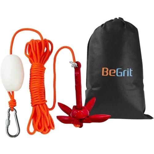 BeGrit Kit di Ancora Barca Kayak Pieghevole 0,7 kg Ancoraggio in Acciaio al Carbonio Ancorotto con Cima Grapnel Anchor per Canoe Jet Ski SUP Paddle Board con Corda da 10m e Borsa con Cordoncino