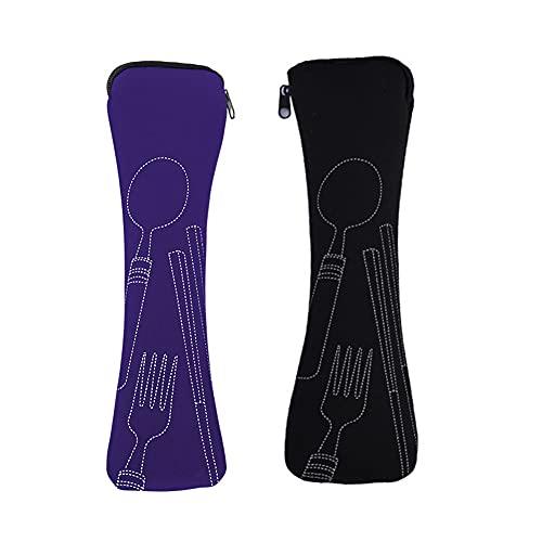 Mnsconkl Borsa per posate,Portaposate da Viaggio 2 pezzi, borsa per posate portatile con chiusura lampo, in neoprene, per viaggi, campeggio, picnic, scuola, pranzo (24 x 6,5 cm) nero viola
