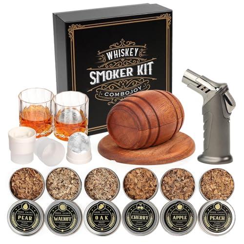 ComboJoy Kit Affumicatore per Whisky Cocktail con Torcia - 6 Aromi Scaglie Legno, 2 Bicchieri, 2 Cubetti Ghiaccio Silicone - Set Whisky Idee Regalo Compleanno Uomo Lui Papà Fidanzato (Senza Butano)