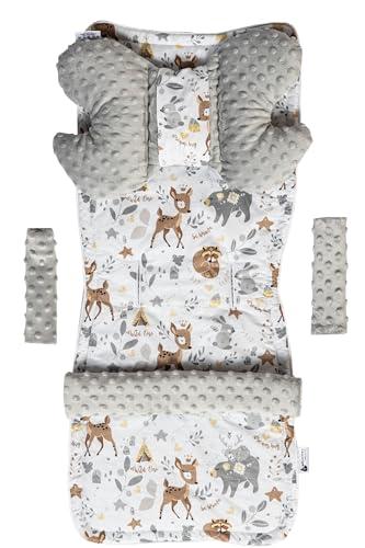 Medi Partners Riduttore Passeggino Universale Materassino Copri Neonato Cuscino - 5 elementi 78x35cm Copripasseggino Estivo per Neonati Cotone Minky (Cervo con Minky grigio)