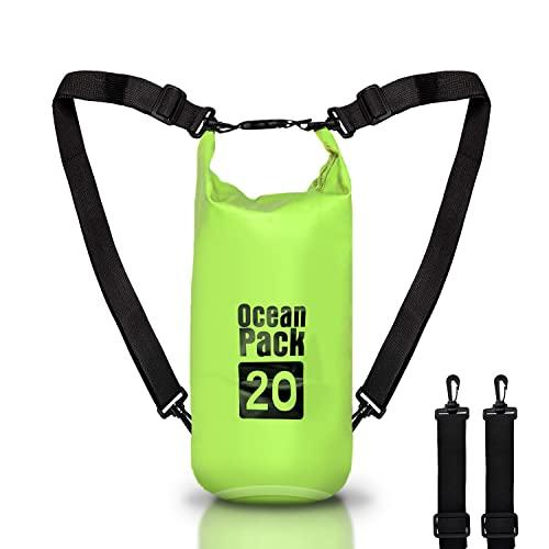 Dry Bag, Borsa Sacca Zaino Impermeabile Waterproof, chiusura a rotolo e tracolla, custodia impermeabile per cellulare e marsupio per Mare Barca Pesca Rafting Spiaggia Sport Acquatici (Green, 20l)