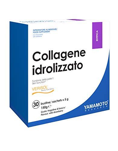 YAMAMOTO RESEARCH, Collagene Idrolizzato Verisol 30 Bustine da 5 gr, Integratore con Collagene, Acido Ialuronico e Vitamina C per la Cura della Pelle, Gusto Fragoline di Bosco