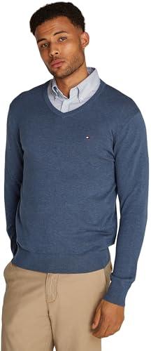 Tommy Hilfiger Uomo Pullover Essential Cotton Scollo a V, Blu (Aegean Sea Heather), S