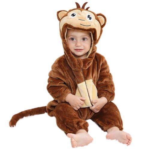 HAHASHOW Neonato Ragazze Pagliaccetto con Cappuccio Bambino Inverno Animale Pigiama Ragazzi Flanella Jumpsuit 24-30 Mesi, Scimmia