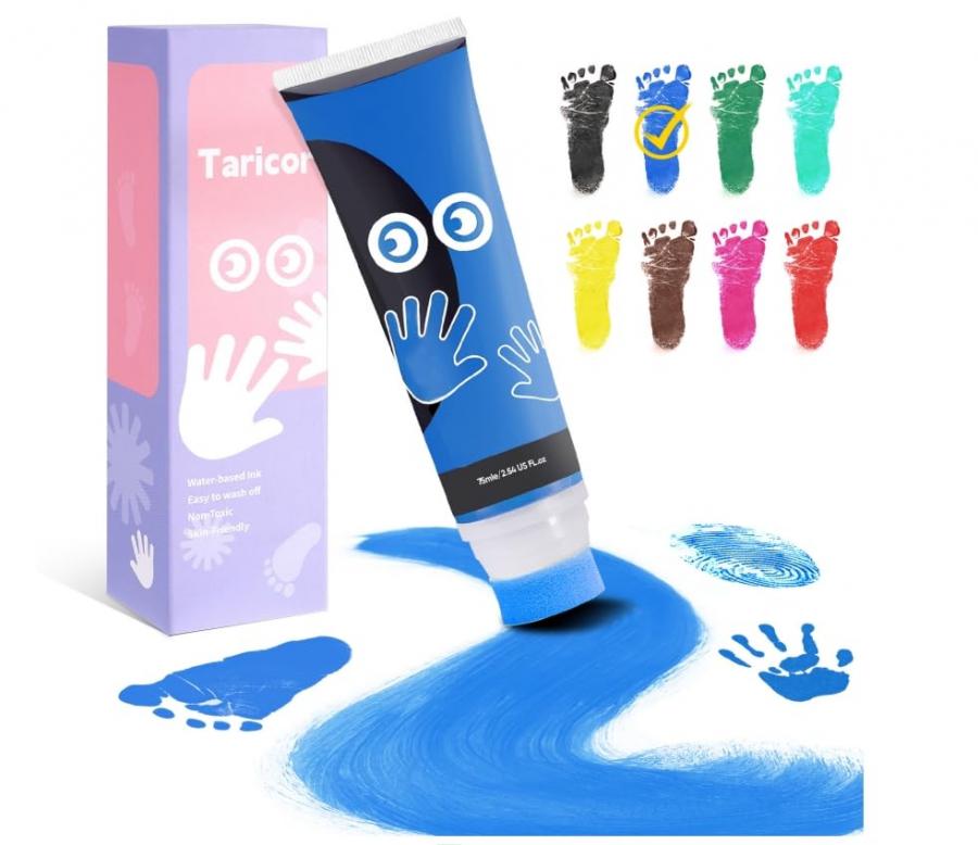 Taricor Impronta Mani e Piedi Neonati Inchiostro, 75ml Kit Impronta Neonato Con Attacco Spugna, Inchiostro per Impronte Neonati per Regalo Battesimo Bimbo, Artigianato Familiare (Blu)