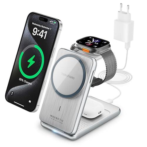 Tigratigro Caricatore Wireless Stazione, magnetico pieghevole 3 in 1 con MagSafe, Ricarica Rapid da 15W Caricabatterie per Apple iPhone serie 16/15/14/13/12, Apple Watch ed AirPods (Argento, W93)
