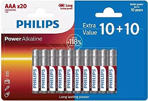 PHILIPS Batterie AAA 20 Pezzi - Confezione da Pile AAA LR03/1,5V - Batterie Alcaline - Batteria AAA con Conservazione Fino a 20 Anni - Fino al 118% in Più di Energia