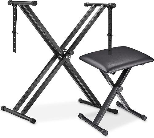 MAMIZO Supporto per tastiera con sgabello, regolabile in altezza, tastiera e sgabello per tastiera, doppio X-Frame Keyboard Stand Set di sgabelli per tastiera pieghevole, per pianoforte, nero