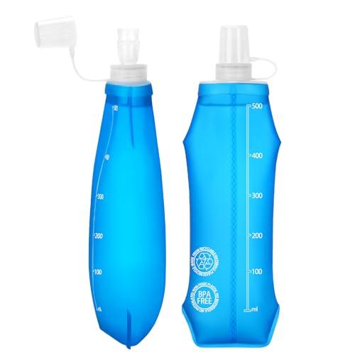Euqvunn 2 Pezzi Borraccia Morbida 500 ML - TPU Senza BPA, Borraccia Pieghevole e Riutilizzabile - Antipolvere e Anti-Perdite, per Gilet Running, Corsa, Escursionismo, Campeggio, Viaggi, Trekking