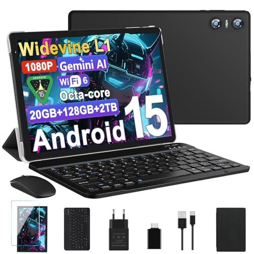 Biegedy Tablet 10 Pollici Android 15, Tablets 20GB RAM+128GB ROM (2TB TF), Octa-Core, Tablets 5G+2.4G WiFi 6, Widevine L1, GMS, Bluetooth 5.0, 6000mAh, 5+8MP, Tablet 2 in 1 Tastiera + Mouse - Nero