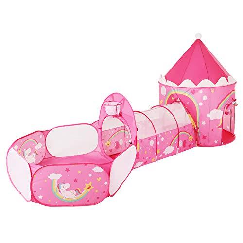 SONGMICS Tenda da Gioco 3 in 1, Tenda Pop Up per Bambini, con Casetta Tunnel e Piscina di Palline, a Tema Unicorno, Idea Regalo per Compleanno, Rosa LPT701P01