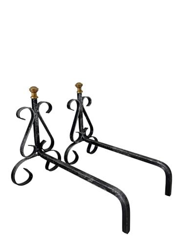 Alari in Ferro Battuto per Camino con Pomelli in Ottone, 30x26h cm, Design Decorativo