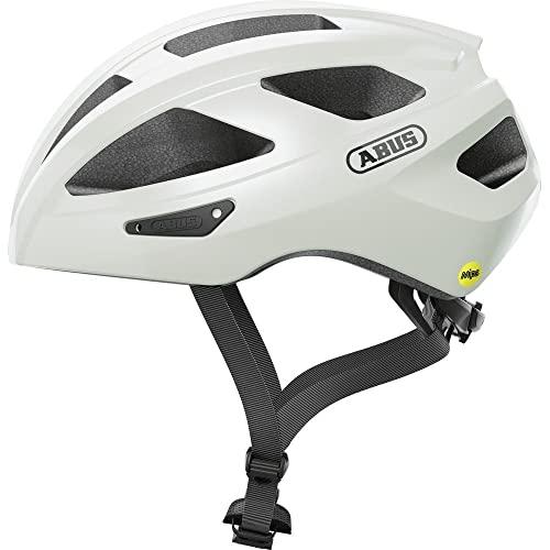 Abus, Casco per bici da corsa ABUS Macator MIPS, casco da bici entry-level con visiera, adatto per capelli raccolti a coda, per uomo e donna, bianco, taglia M