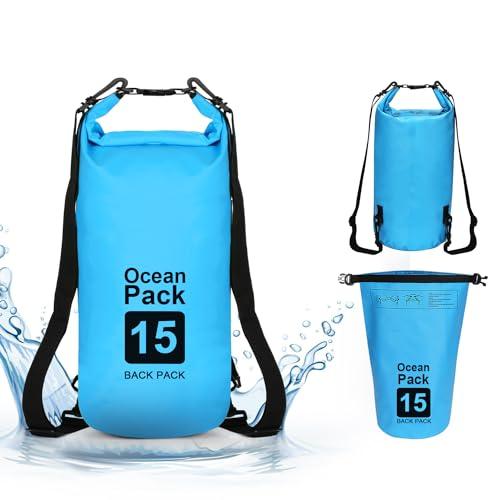 supregear Dry Bag, 15L Borsa Impermeabile, Resistente All'acqua, Zaino Versatile con Doppia Tracolla per Barche, Escursioni, Kayak, Pesca, Campeggio e Altre Avventure All'aperto, Blu