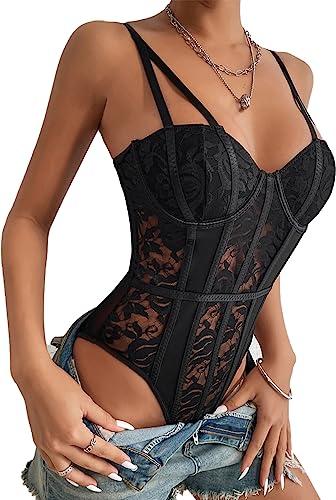 Body Donna Sexy Bodysuit in Pizzo Floreale Spaghetti Strap Top Senza Maniche a Rete Trasparente Jumpsuit Aderente Un Pezzo Tuta Basic Cami Camicie Going Out Leotard Top