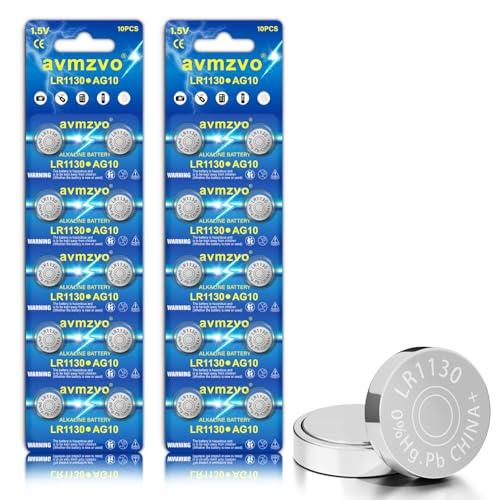 avmzvo LR1130 Pile a bottone Batterie AG10 LR54 189 389 1,5V a bottone alcaline, 20 pezzi, senza mercurio, confezione sicura per bambini【5 anni di garanzia di conservazione】