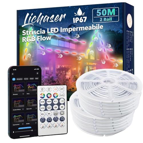 Lichaser Striscia LED per Esterni Strisce LED Impermeabili Fai da te IP67 RGB+IC, Tracciamento e Segmentazione con App BT Etelecomando 2.4G RF per Uso Esterno (50m)