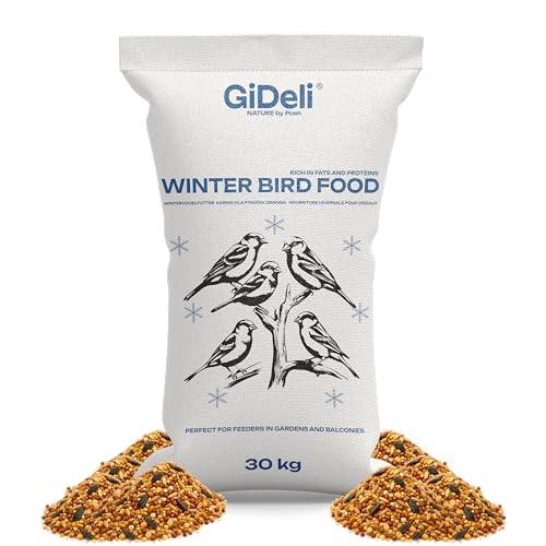 GiDeli Mangime invernale per uccelli, 30 kg, per uccelli selvatici, tutto l'anno, per giardino e balcone, con semi di lino, ricco di omega-3, calcio, senza additivi