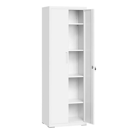 SONGMICS Armadietto Garage a 5 Ripiani con 2 Ante, Armadio Ufficio, 40 x 60 x 180 cm, 1 Serratura, Ripiani Regolabili, Armadio Metallo, Bianco Opaco OMC014W01