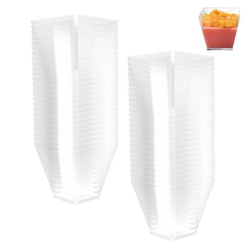 Ravytha 50 Pezzi Finger Food Contenitori Riutilizzabili, Tazze da Dessert Quadrate Trasparenti, Coppette da Dessert con Cucchiai, Tazze Bicchieri da Dessert per Budini, Mousse e Gelati(60 ML/2oz)