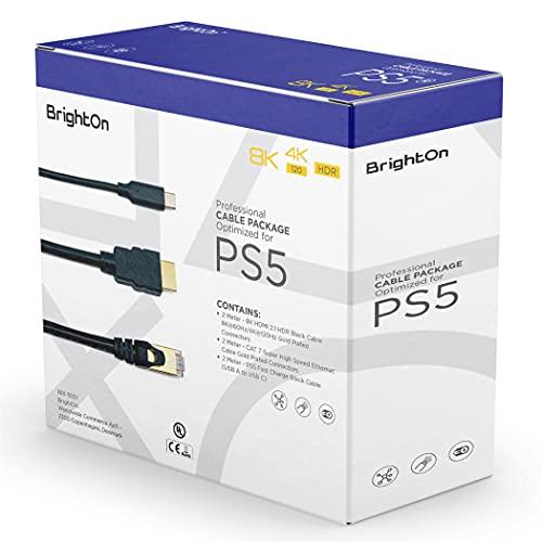 BrightOn Pacchetto cavo ottimizzato compatibile con PS5, cavo 8K HDMI 2.1 HDR nero 8K a 60Hz/4K a 120Hz, cavo Ethernet CAT 7 ad alta velocità | Cavo nero di ricarica rapida (da USB A a USB C) (cavi da