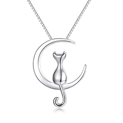 Epoch World Collana Donna Argento 925, Collana Gatto Donna, Ciondolo Gatto Argento, Collana Luna Argento, Ciondolo Luna Argento 925 40+5CM