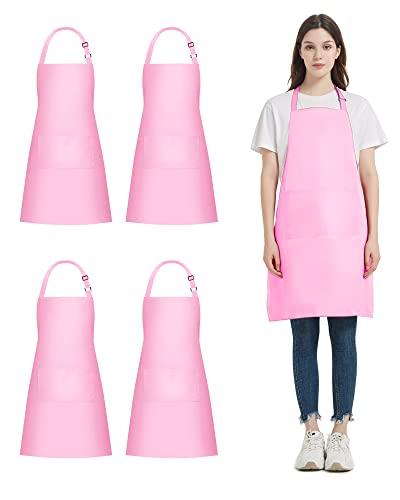 4 Pezzi Grembiule, Grembiule Impermeabile con 2 Tasche, Grembiule Cucina Regolabile, Grembiule da Uomo e Donna Adatto per Barbecue Ristorante Caffetteria (Rosa)