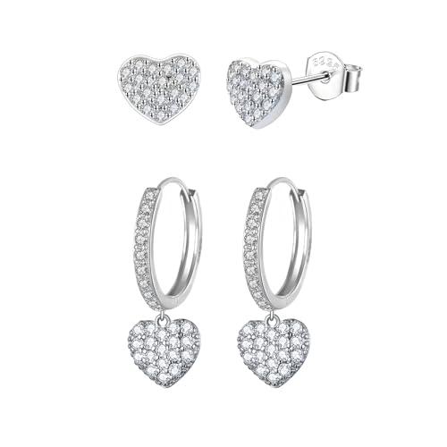 Epoch World 2 Paia Orecchini Cuore in Argento Sterling 925 da Donna Piccoli Orecchini a Cerchio Pendenti con Zirconia Cubica Orecchini Argento 925 per Donna Ragazze