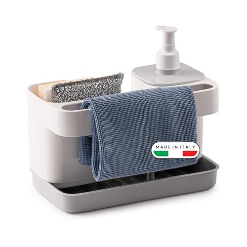 Snips Riordinello - Dispenser Sapone Cucina e Bagno 3in1, Set Porta Spugne Lavello Cucina, Porta Sapone Dosatore 400ml e Strofinacci, Organizer Lavello Salvaspazio 21x12x18 Made in Italy Bianco/Grigio