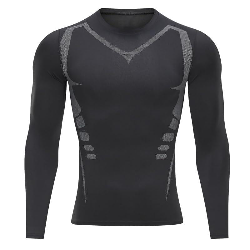 Smatstyle Maglietta Compressione Uomo Traspirante da Asciugatura Rapida Maglia Termica Manica Lunga per Allenamento Palestra Corsa (IT, Testo, L, Regular, Regular, Nero)