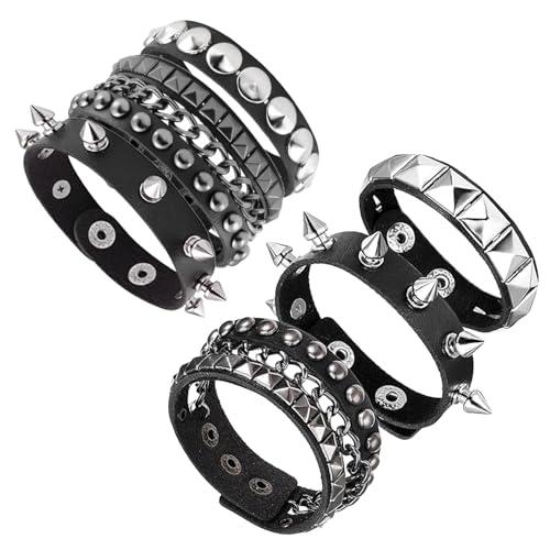 YNR 6 braccialetti in pelle nera punk rock, gotici anni '80, con borchie e punte, stile punk rock, vintage, per uomini e donne, accessori steampunk anni '80, braccialetti regolabili per Halloween,