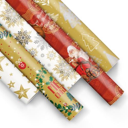 PAW - Carta da regalo 200x70cm - 5 rotoli | Mix di 5 motivi | Elegante Carta per Incartare Regali per Natale, Regali invernali, Compleanni - Golden Christmas, Father Christmas