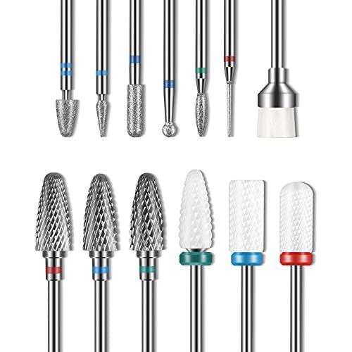Set di 13 punte da trapano per unghie, 3 punte in carburo di tungsteno, 3 punte da trapano in ceramica, 6 punte per trapano diamantate, 1 pennello, punte da trapano da 3/32 per manicure pedicure