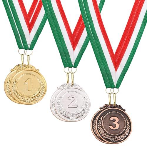 VEGCOO 6 Pezzi Medaglie Premiazioni Metallo, Medaglie per Bambini Medaglie Dorate Argento Bronzo, Winner Medaglie Bambini con Nastri al Collo per Feste di Giorno di Sport Scolastico Concorsi (C)