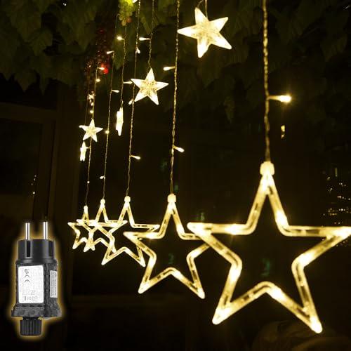 SALCAR 2m Tenda Luminosa Natale Esterno, 138 LED Decorazioni Natalizie Interno con 12 Stelle, Luci Natale Stelle Luminosa con 8 modalità e funzione di memoria, Bianco Caldo