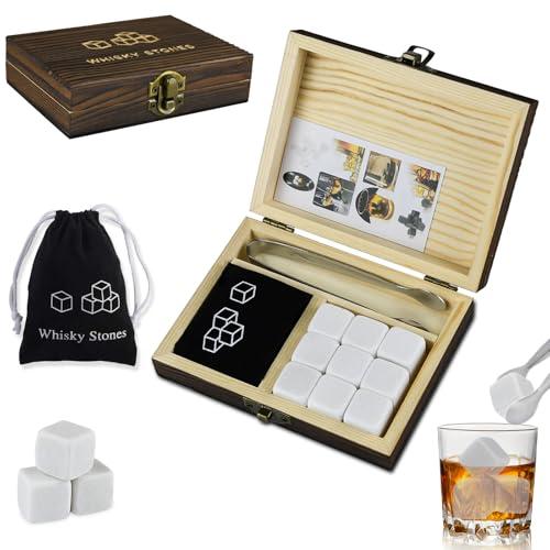 9 Pezzi Cubetti di ghiaccio riutilizzabili, Cubetti Whiskey Stones Pietre+ Clip+ Sacca, Cocktail Whiskey Ice Cube Stone Kit, Idea Regalo Donna Uomo Festa