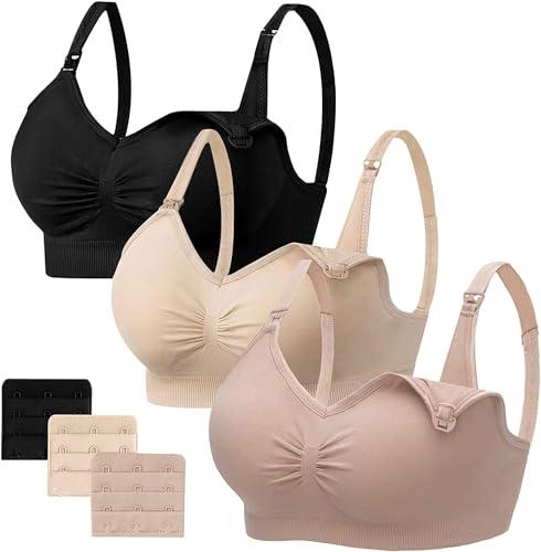 HBselect - Reggiseno per gravidanza, senza cuciture, con ulteriori estensioni per allattamento e sonno, senza ferretti, da donna, 3 pezzi, nero, beige, rosa chiaro, XL
