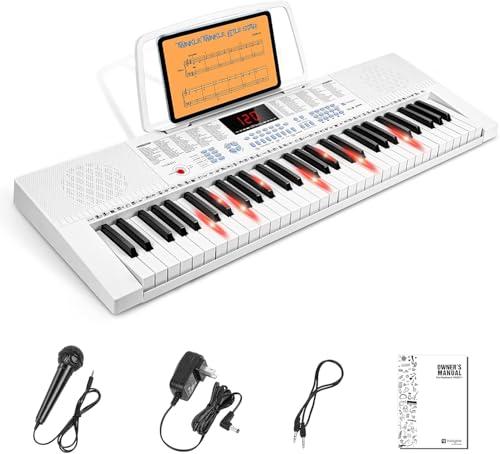 Vangoa tastiera pianola 61 mini tasti luminosi Tastiera per pianoforte elettronico con microfono, 3 modalità di insegnamento, 350 toni, 350 ritmi, 30 demo, bianco
