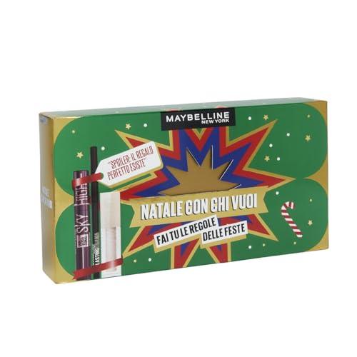 Maybelline New York Cofanetto Regalo, Con Mascara, Matita Occhi e Gloss, Collezione Natale con Chi Vuoi 2024, Mascara Sky High Burgundy, Matita Occhi Nera Lasting Drama, Lucidalabbra Lifter Gloss