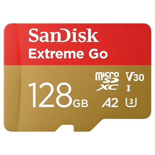 SanDisk 128GB Extreme Go scheda microSDXC + adattatore SD (per smartphones e Tablet Android, Action Cam, Drones, UHS-I, fino a 200 MB/s, 5K, 4K, UHD, V30, Rescue PRO Deluxe, Class 10, U3) per Amazon