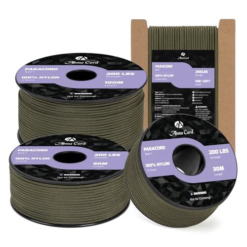 Abma Cord Paracord 2mm 15m Corda Nylon 3 Fili Tipo I Corda Paracord per Fai da te, Campeggio, Attività All'aperto - Max. 90kg (200lbs) - Verde Militare